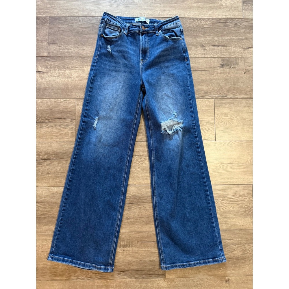 Risen Freckled Poppy High Rise Distressed Wide Leg Jeans Blue Size 9/29